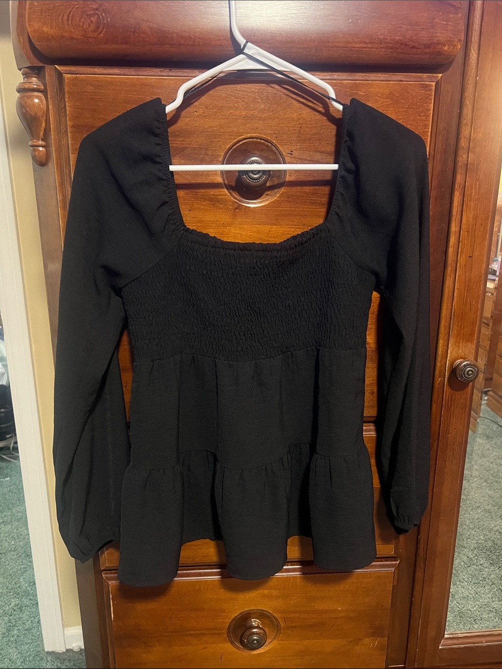 Paper Crane Black Smocked Square-Neck Peplum